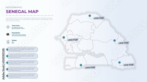Total Area, Papulation, States & More Detailed Infographic Map of Senegal. Senegal country map infographic colored vector template with regions and pointer marks.