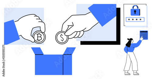 Hand placing cryptocurrency and dollar coins into a box, secure password interface, woman holding padlock. Ideal for finance, cryptocurrency, savings, security, technology, online transactions