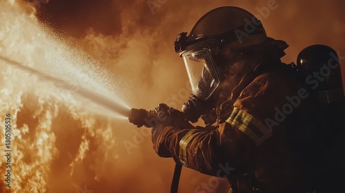 A firefighter in protective gear holding a powerful water hose spraying a strong jet of water onto the flame.