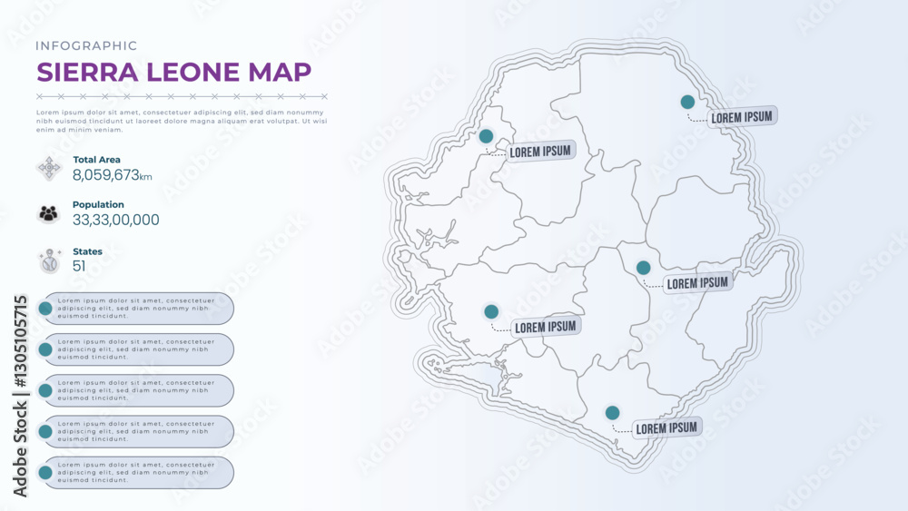 Fototapeta premium Total Area, Papulation, States & More Detailed Infographic Map of Sierra Leone. Sierra Leone country map infographic colored vector template with regions and pointer marks.