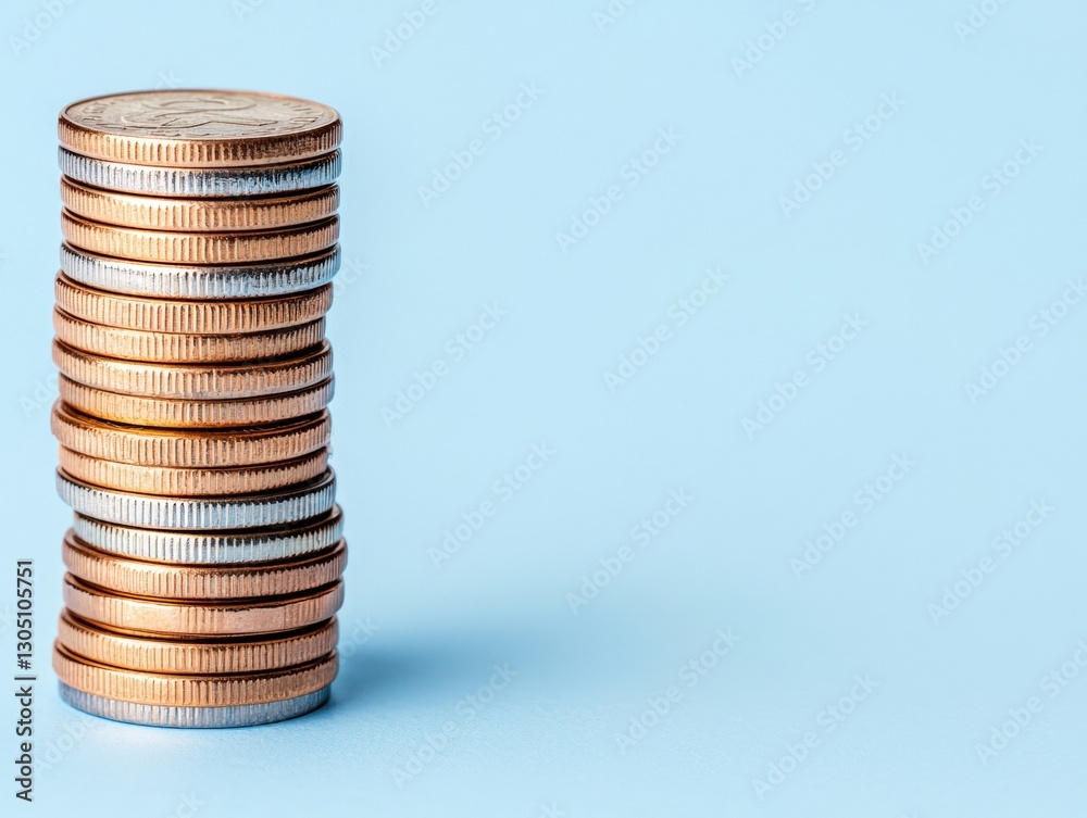 A towering stack of various coins displaying different sizes, colors, and textures on a neutral background surface A towering stack of various coins displaying different sizes, colors, and textures on a neutral background surface