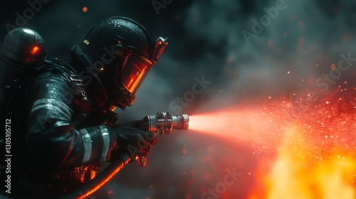 A firefighter in protective gear holding a powerful water hose spraying a strong jet of water onto the flame.