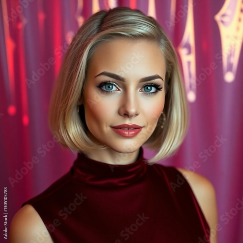 A woman in her thirties with blonde hair, piercing blue eyes, prominent forehead, large straight nose, wearing a dark red velour floor-length dress and an elegant bob with bangs and evening makeup