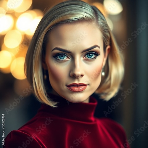 A woman in her thirties with blonde hair, piercing blue eyes, prominent forehead, large straight nose, wearing a dark red velour floor-length dress and an elegant bob with bangs and evening makeup