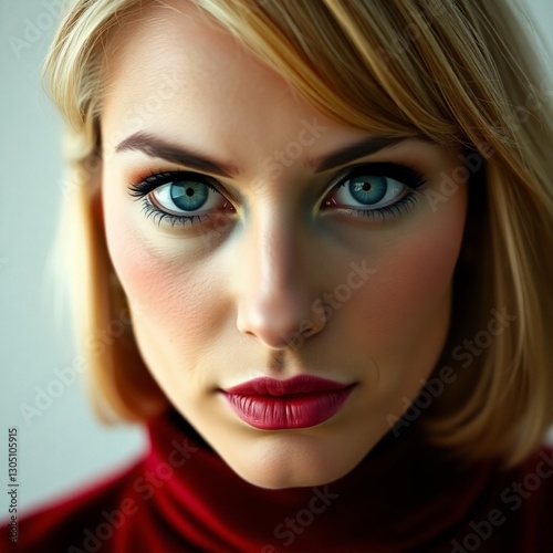 A woman in her thirties with blonde hair, piercing blue eyes, prominent forehead, large straight nose, wearing a dark red velour floor-length dress and an elegant bob with bangs and evening makeup