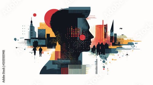 The image is a stylized illustration of a person's profile in silhouette, overlaid with an abstract cityscape. The silhouette is rendered in dark tones, while the cityscape is composed of