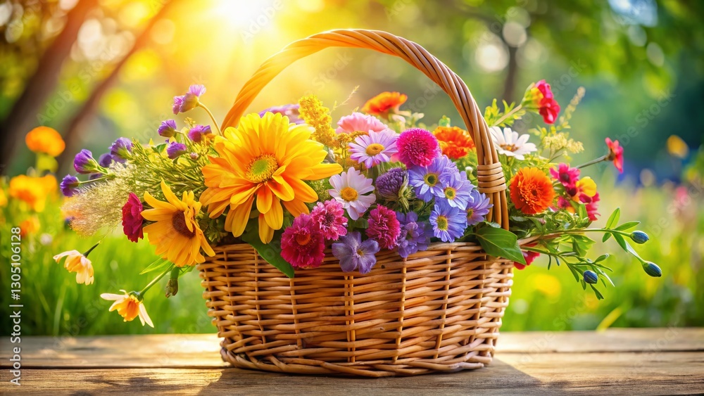 Charming Woven Basket Overflowing with Colorful Garden Flowers -  Vibrant Spring Floral Still Life