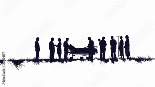 The image is a horizontal composition featuring a row of dark silhouettes against a white background. The silhouettes depict a group of people gathered around what appears to be a stretcher