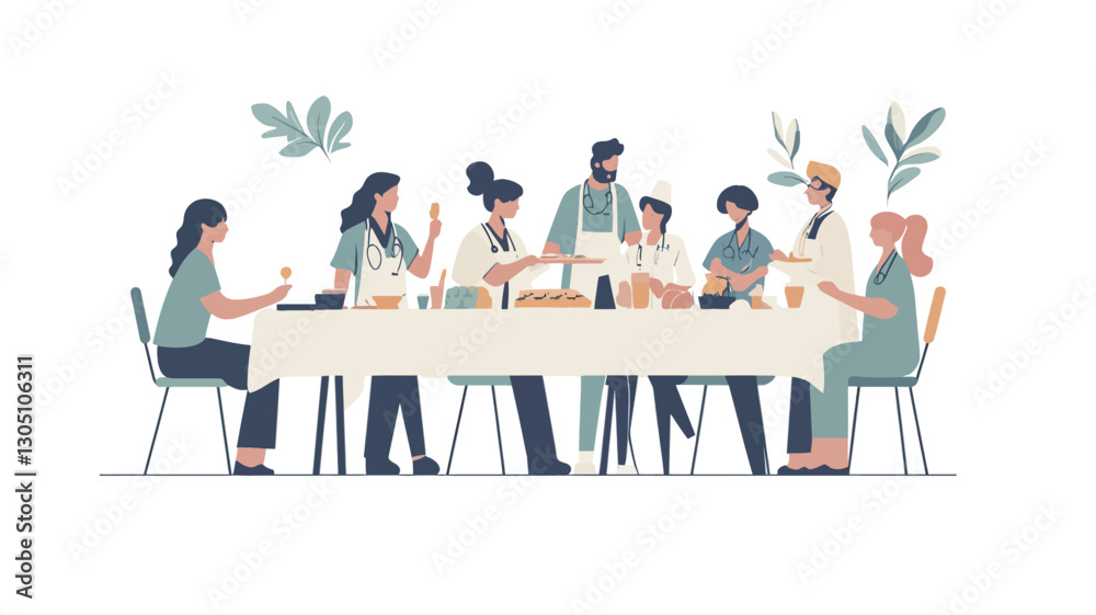 A vector illustration depicting a diverse group of adults sitting around a long table, engaged in a shared meal. The illustration is done in a simple, flat style with muted colors. People A vector illustration depicting a diverse group of adults sitting around a long table, engaged in a shared meal. The illustration is done in a simple, flat style with muted colors. People