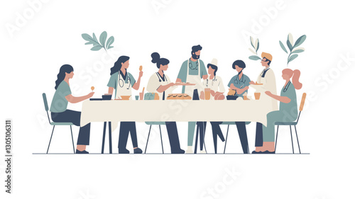 A vector illustration depicting a diverse group of adults sitting around a long table, engaged in a shared meal. The illustration is done in a simple, flat style with muted colors.  People