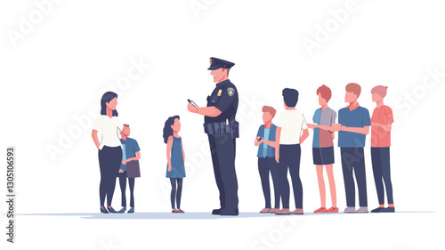 The illustration depicts a police officer in uniform interacting with a group of children and adults. The style is flat vector design, with simplified shapes and limited color palettes.