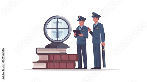 The image is a vector illustration featuring two pilots in uniform standing next to a large compass on a stack of books. One pilot holds a tablet, and the other carries a baton. The style