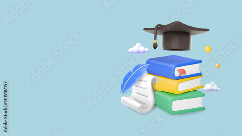 Education concept. Learning design with books, graduation cap and diploma scroll 3d cartoon. Study symbol, back to school, sciences, higher education. Vector illustration