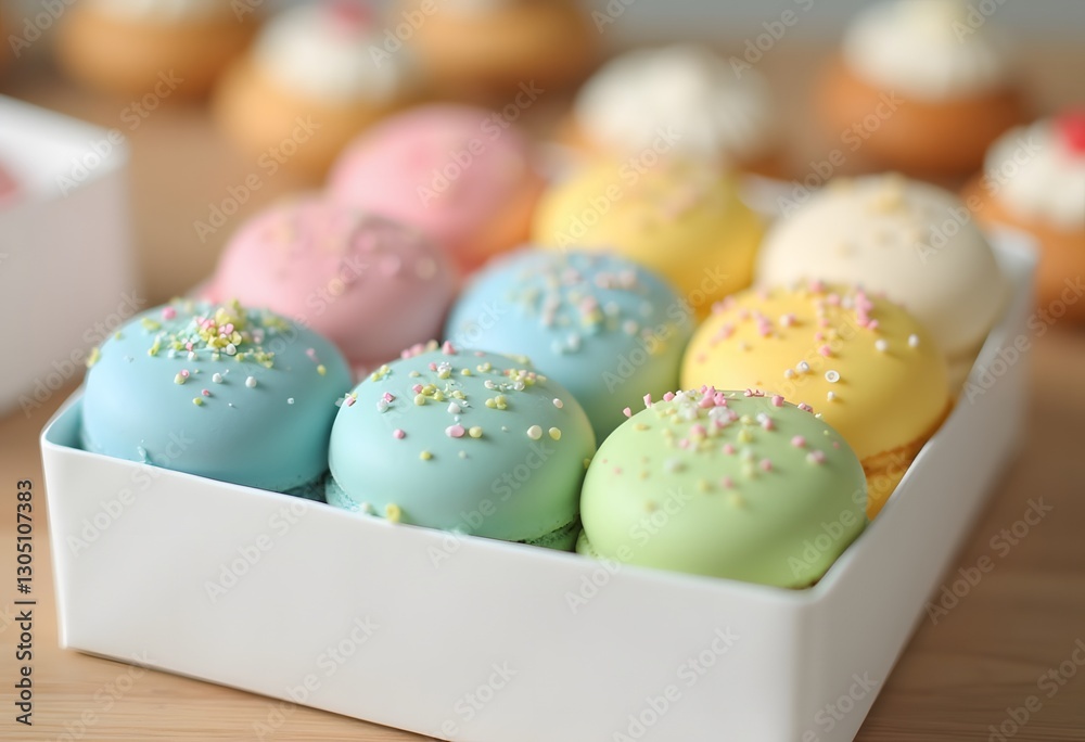 Fototapeta premium Assorted traditional french macarons sweets of different color and taste, two rows in present box with lilac flowerings decoration. Background, close up, copy space, top view. 