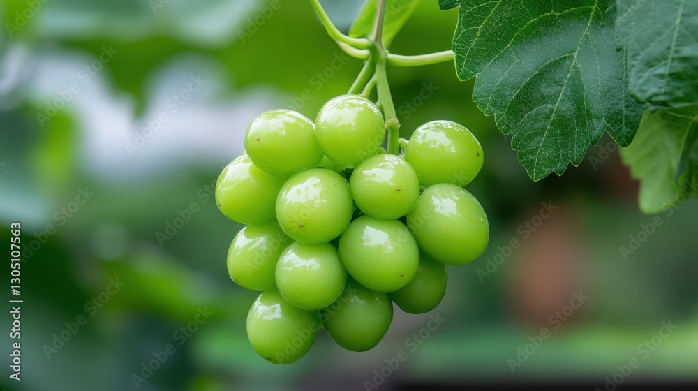 A bunch of green grapes hanging from a vine. The grapes are shiny and appear to be ripe A bunch of green grapes hanging from a vine. The grapes are shiny and appear to be ripe