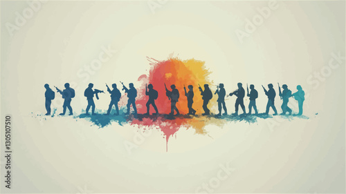 The image features a horizontal composition with a series of dark blue-grey silhouettes of human figures arranged in a line. The figures are stylized and lack intricate detail.  Behind the