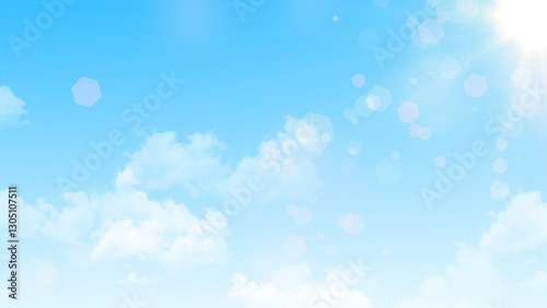 Photography blue sky with clouds and sun rays with shiny bokeh lights,nature weather spring