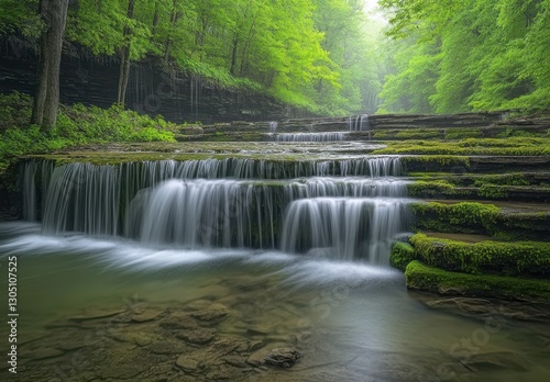 Serene Waterfall Cascading Through Lush Green Forest with Foggy Atmosphere, Tranquil Stream Flowing Over Mossy Rocks in Nature's Beauty