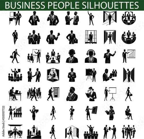 Business People Silhouettes Icons, Meetings, Teamwork, Presentations, Office