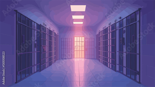 The image shows a long, narrow prison corridor rendered in a stylized manner. The walls are light-colored, and on either side are a series of closed prison cells with metal bars visible.