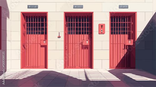 The image shows a close-up view of three identical red metal doors set into a white wall. Each door has vertical bars.  The doors are slightly recessed into the wall. The wall is plain