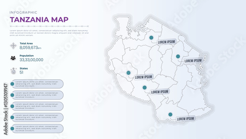 Total Area, Papulation, States & More Detailed Infographic Map of Tanzania. Tanzania country map infographic colored vector template with regions and pointer marks.