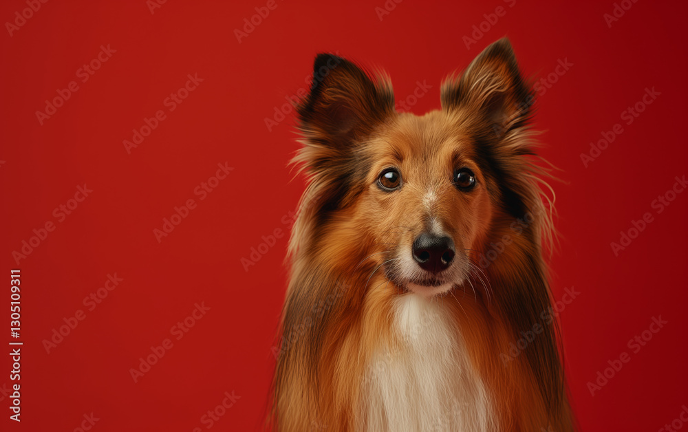 Naklejka premium Shetland Sheepdog dog on minimalistic colorful background with Copy Space. Perfect for banners, veterinary ads, pet food promotions, and minimalist designs.