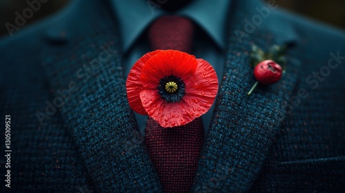Red poppy on suit lapel, remembrance day, outdoor setting, blurred background photo