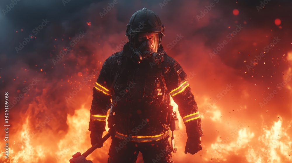 A heroic firefighter in full gear, standing against raging flames and thick smoke,
with a fire axe in his hands
A heroic firefighter in full gear, standing against raging flames and thick smoke,
with a fire axe in his hands