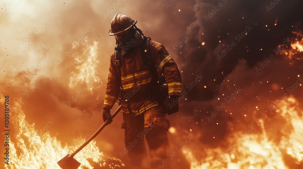 A heroic firefighter in full gear, standing against raging flames and thick smoke,
with a fire axe in his hands
A heroic firefighter in full gear, standing against raging flames and thick smoke,
with a fire axe in his hands