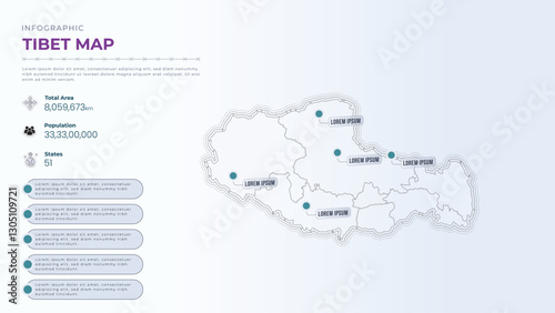 Total Area, Papulation, States & More Detailed Infographic Map of Tibet. Tibet country map infographic colored vector template with regions and pointer marks.