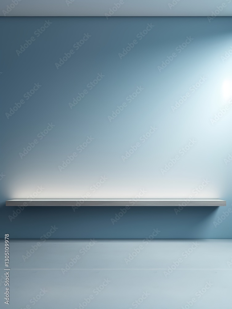 Minimalist blue wall with empty shelf display Minimalist blue wall with empty shelf display