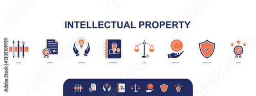 Intellectual property banner web icon set vector illustration concept with icons of design, patents, invention, authorship, law, copyright, protection, brand icons symbol template background