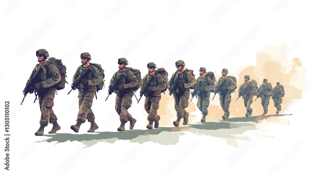 Naklejka premium Watercolor illustration depicting a line of soldiers marching in formation across a pale, indistinct landscape. Soldiers are rendered in detail in the foreground, with less detail on those