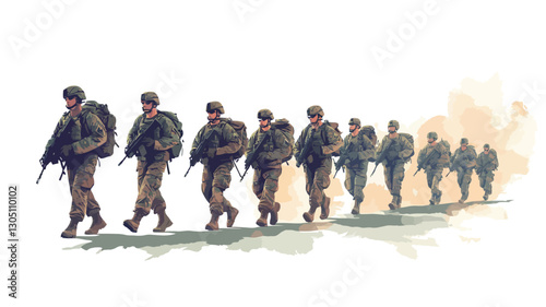 Watercolor illustration depicting a line of soldiers marching in formation across a pale, indistinct landscape. Soldiers are rendered in detail in the foreground, with less detail on those