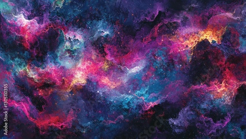 Abstract cosmic nebulae, vibrant swirling clouds of color and light.