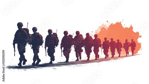 The image is a stylized illustration depicting a line of soldiers marching in silhouette. The soldiers are depicted from the waist up, and they are uniformly sized and spaced. The color