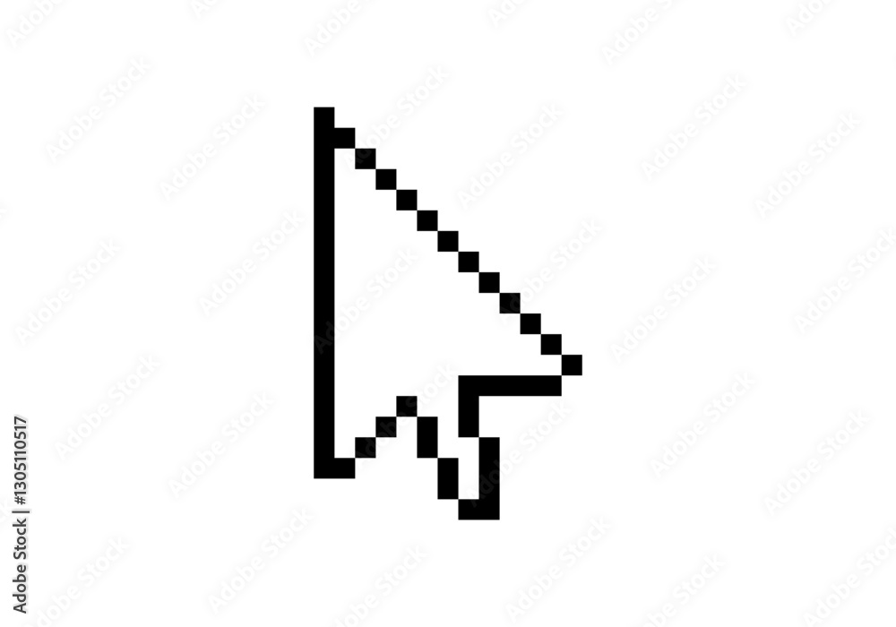 A simple black and white pixelated computer mouse cursor icon, symbolizing digital interfaces.