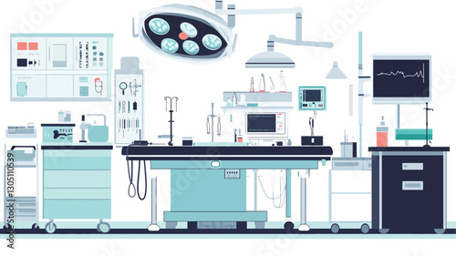 A digital illustration depicting the interior of a modern operating room.  The scene is presented from a slightly elevated perspective, showing a central operating table surrounded by
