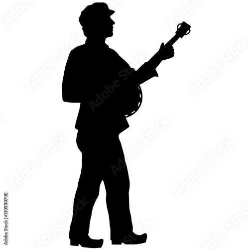 Silhouette of a Folk Musician Playing a Banjo – Representation of Folk Music, History, and Culture, Person in Profile with Hat and Costume, Holding the Iconic String Instrument


