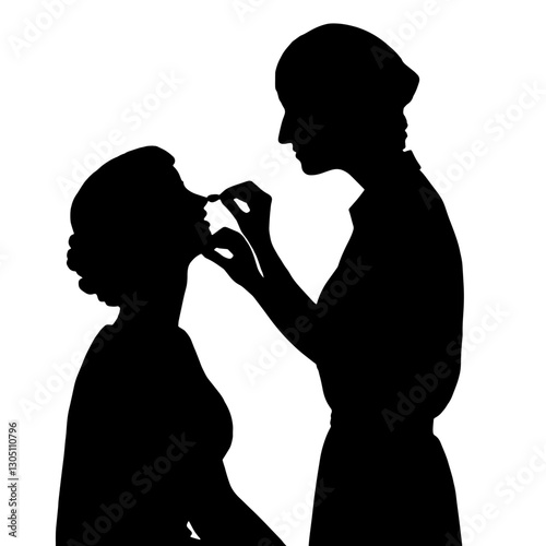 Silhouette of a Woman Doing Makeup – Two Women, One Sitting While the Other Applies Makeup or Caring for Her Skin, Representing Beauty, Personal Care, and Grooming

