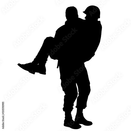 Silhouette of Two People in Rescue Operation – One Carrying the Other in Their Arms, Representing Rescue, Assistance, and Military Support in Times of Crisis, Symbolizing Aid and Sacrifice

