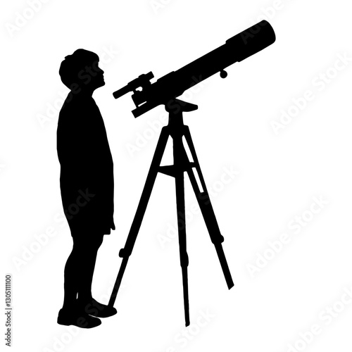 Silhouette of a Child Interested in Space – Young Person Standing Next to a Telescope on a Tripod, Looking Up at the Stars and Planets, Symbolizing Curiosity and Exploration

