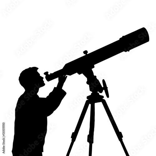 Silhouette of an Astrologer Observing Planets and Stars – Person Looking Through a Telescope on a Tripod, Exploring the Cosmos and Celestial Bodies

