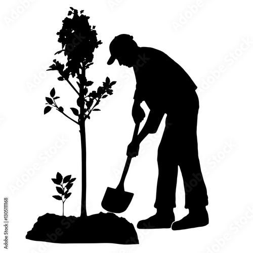Silhouette of a Person in a Cap Planting a Tree – Concept of Environmental Stewardship and Earth Restoration, Shaping the Future with Green Initiatives, Representing Growth and Sustainability

