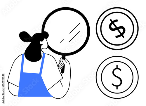 Woman holding magnifying glass examining detailed options, surrounded by dollar icons. Ideal for finance, budgeting, cost analysis, decision-making, investment, economy savings. Flat simple metaphor