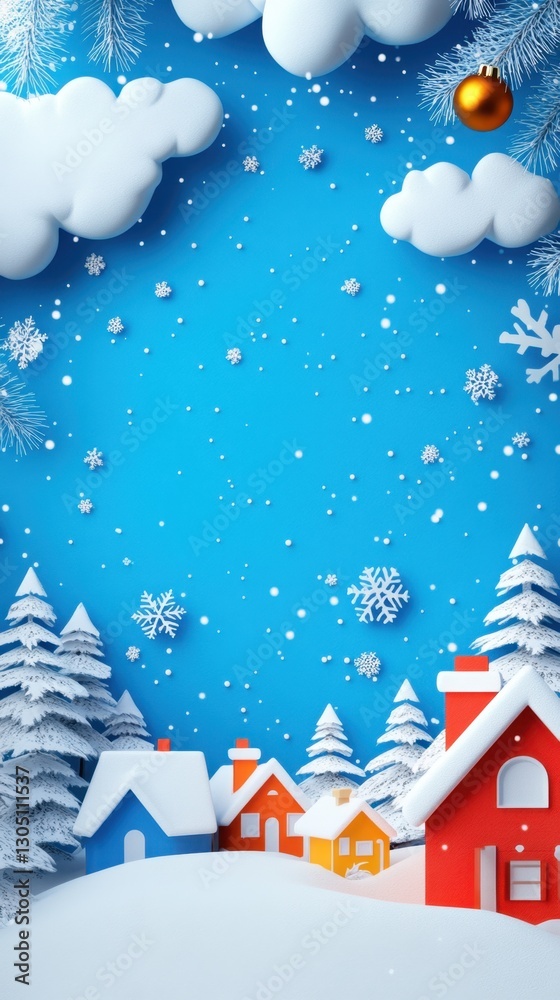 Naklejka premium Cheerful christmas scene with colorful houses and snow covered trees against a bright blue background creating a festive and joyful atmosphere
