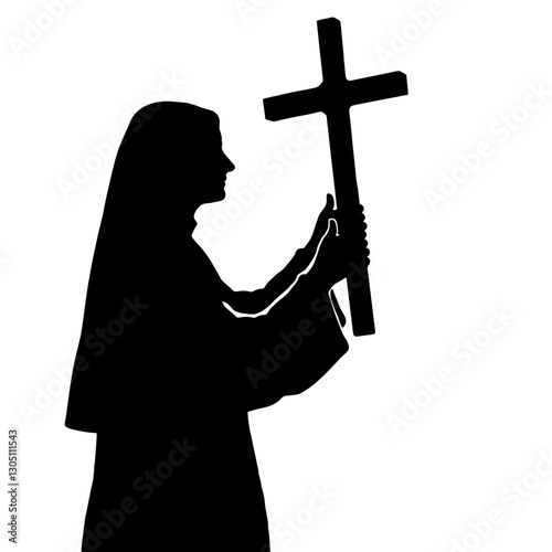 Silhouette of a nun reading a prayer while holding a cross, symbolizing devotion, prayer life, and spiritual commitment.