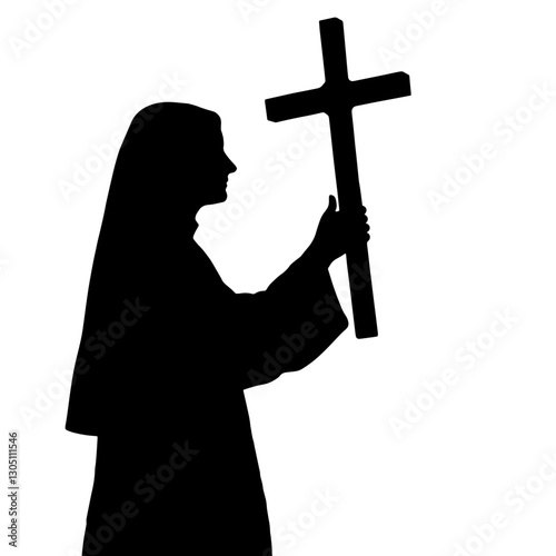 Silhouette of a woman in a nun's habit holding a cross, representing faith, religion, and devotion to God.