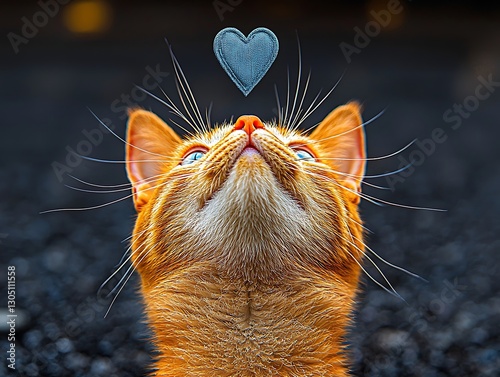 Ginger cat looking at heart above